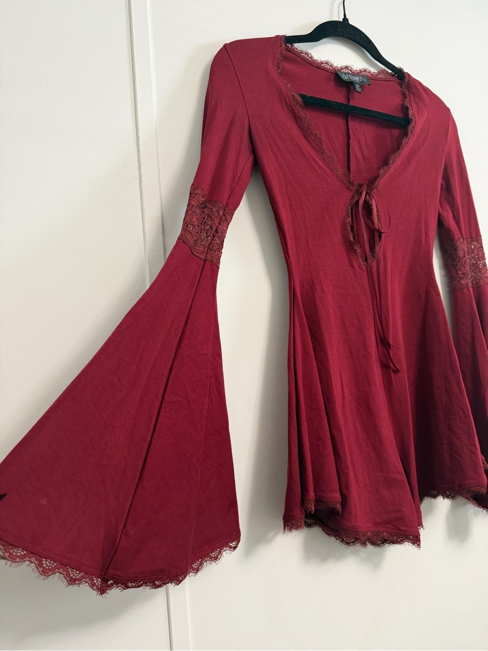 Red Lace-Trim Bell Sleeve Top - Picture 2 of 4